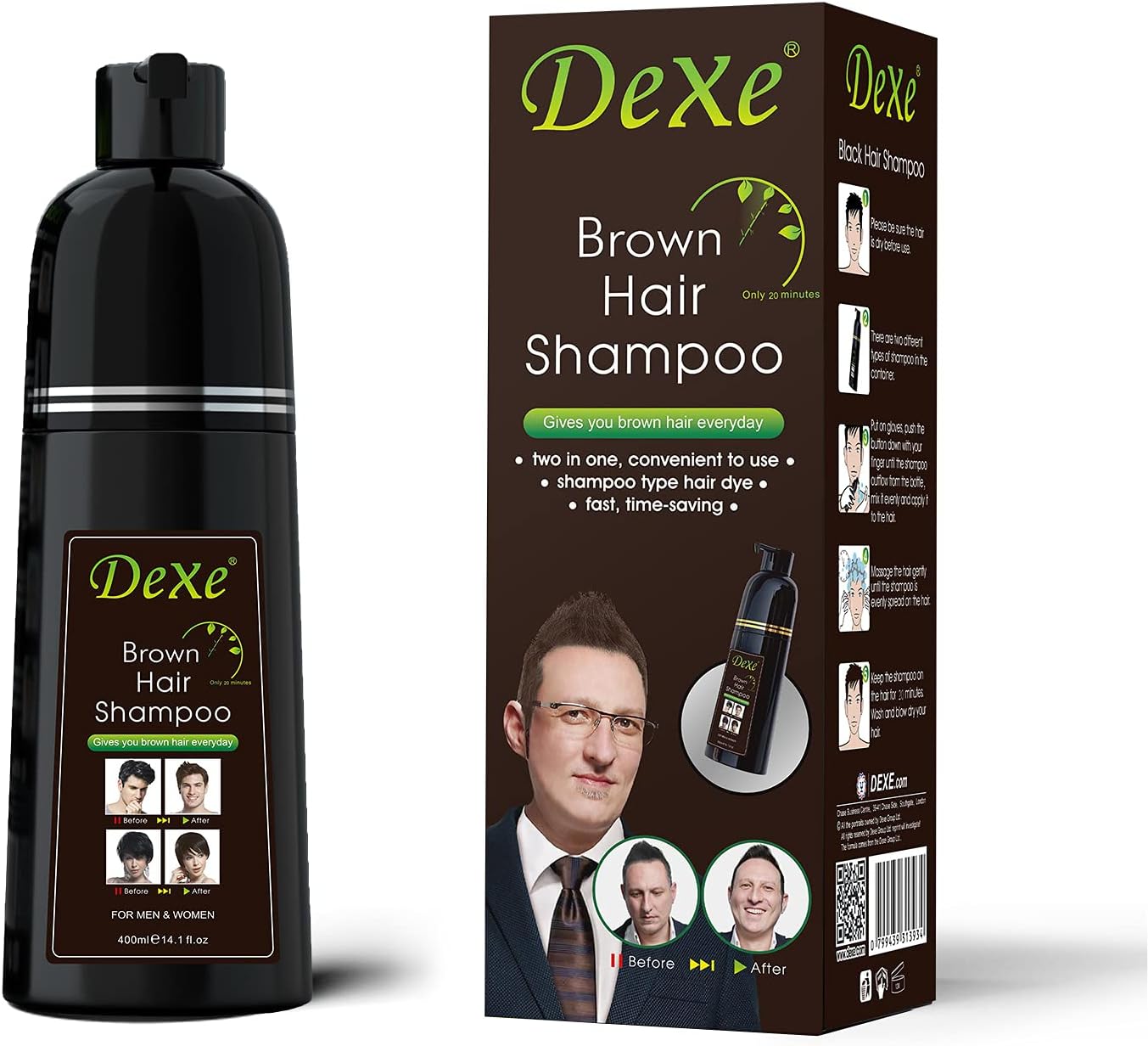 Dexe Brown DYE Hair Shampoo Instant Hair Blackening 400 ml Bottle UK Stock