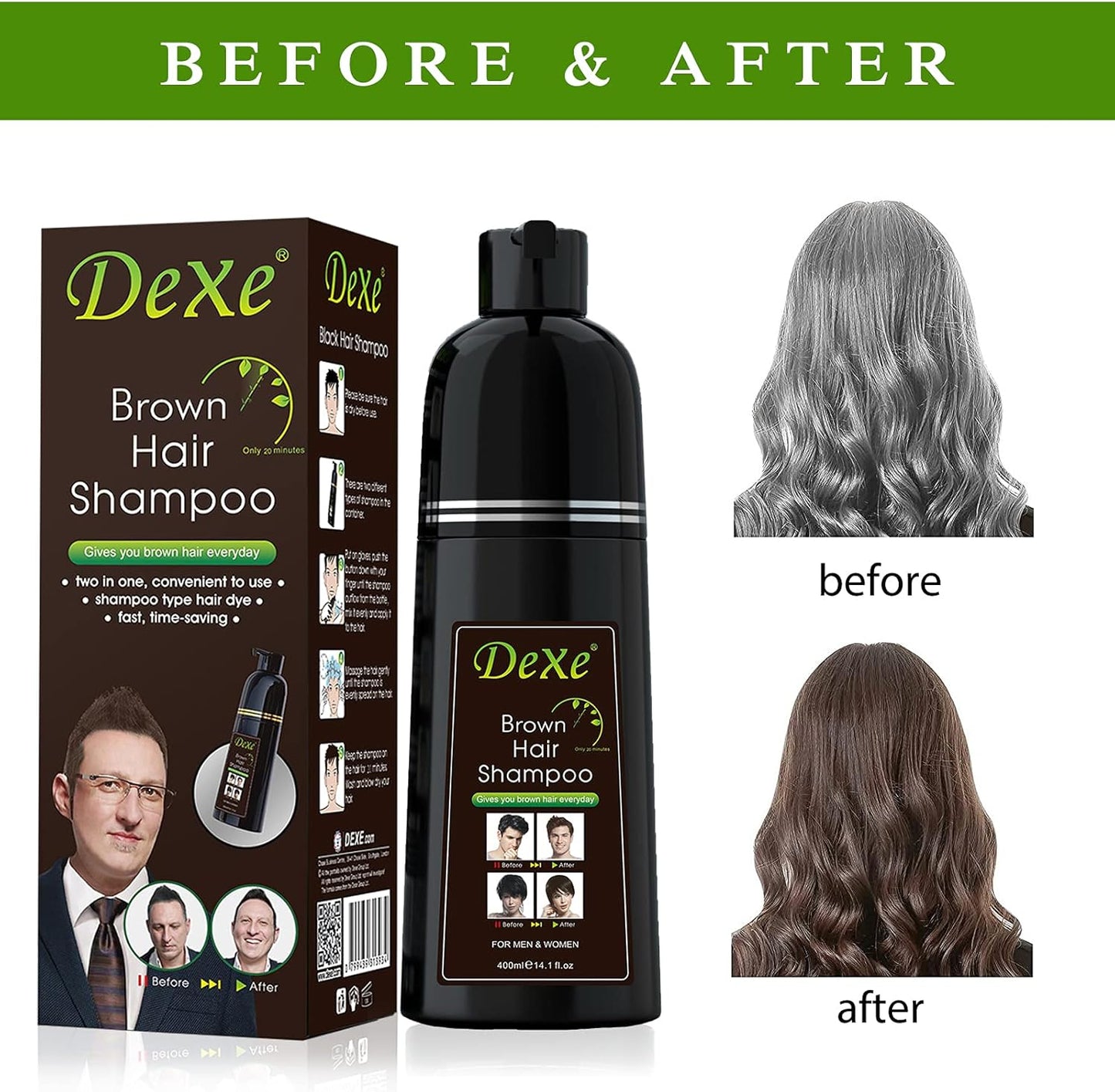 Dexe Brown DYE Hair Shampoo Instant Hair Blackening 400 ml Bottle UK Stock